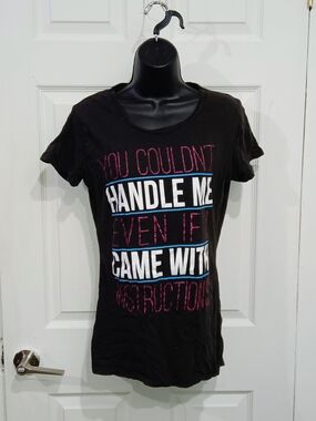Hybrid Apparel Black Short Sleeve Tee with White, Pink and Blue Text
